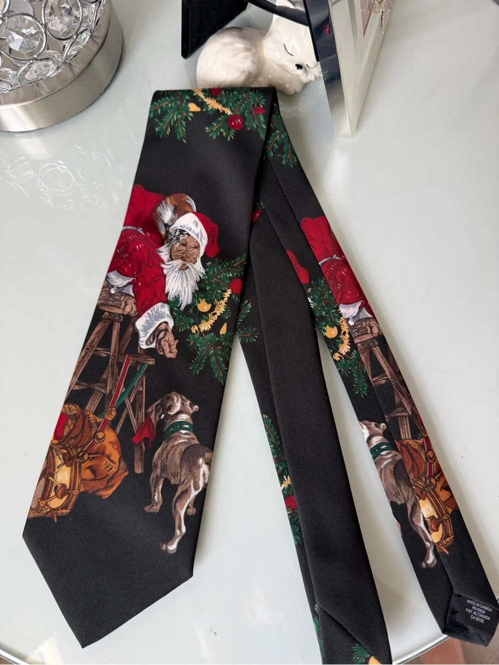 Men's Black Holiday Print Tie - Festive Santa & Dog Design